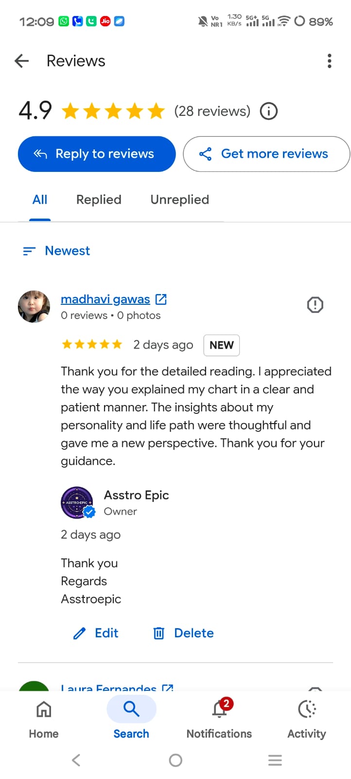 Google review praising a clear and patient astrology reading